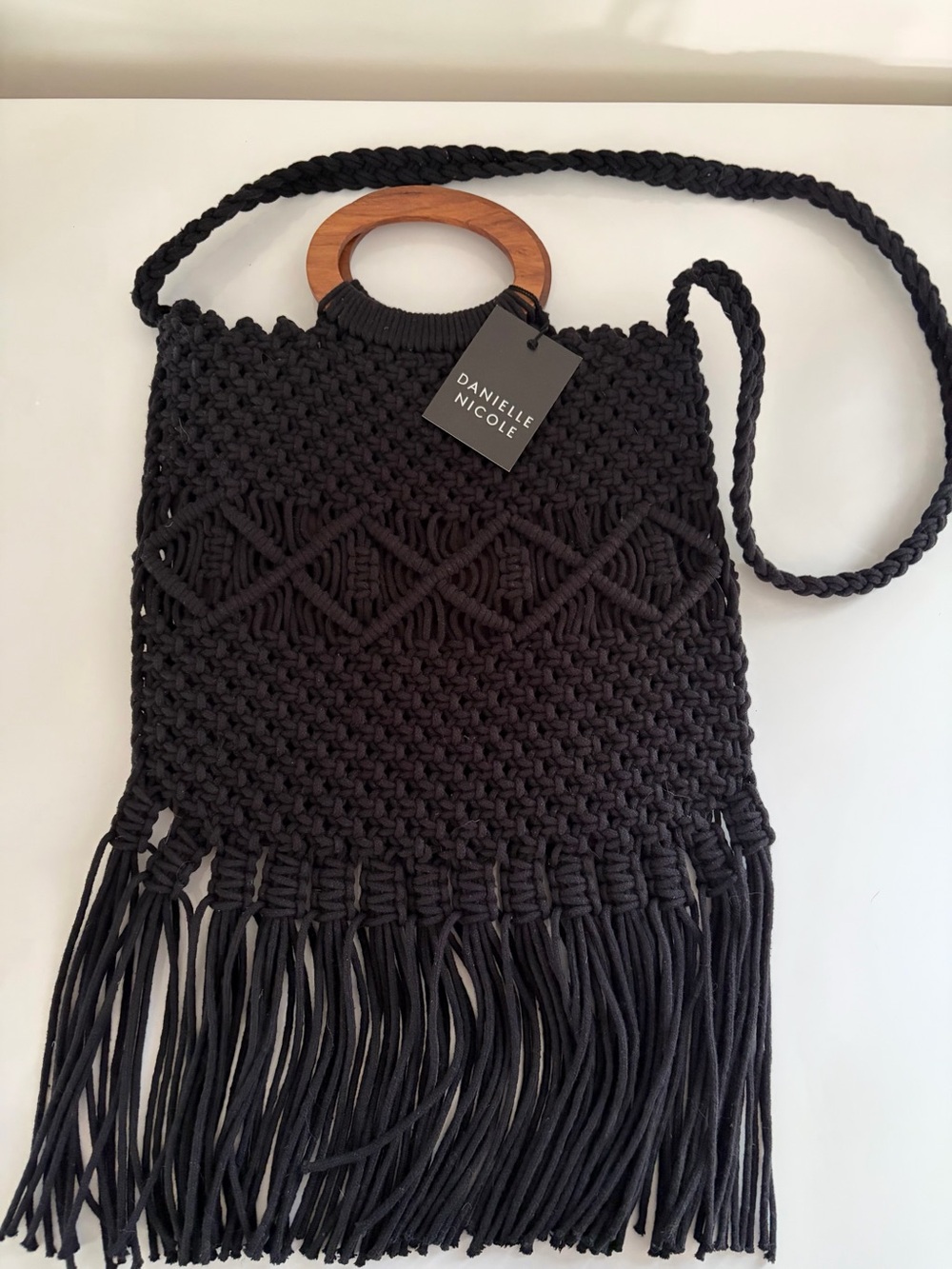 NWT Rachel Zoe x Danielle Nicole Box of Style Black Macrame Fringe Tote Handbag